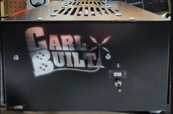 A close up of the side of a box with a logo