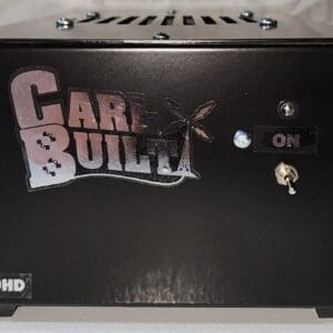 A black box with the words " care built ".