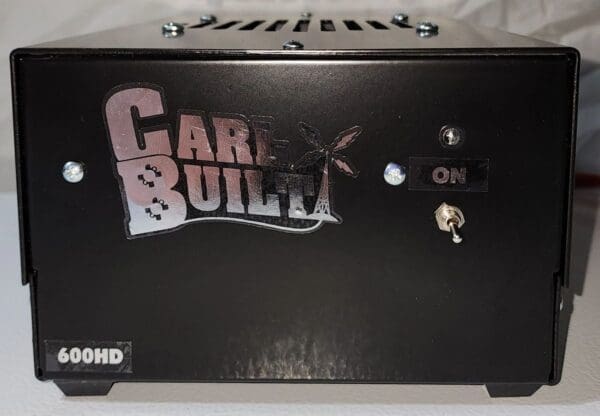 A black box with the words " care built ".